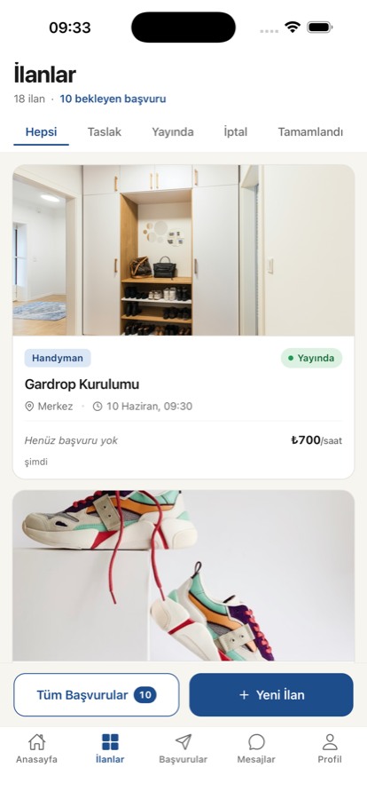 Job listings in the Günlük İşler app
